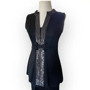 Vintage Retro 70s Dressy Sleeveless Black Polyester Sequin Tunic Pant Set  sz 12